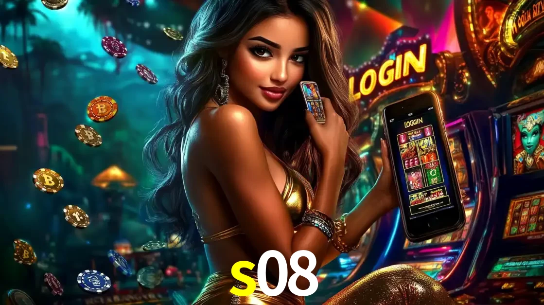 Mulher em um cenário de cassino temático de aventura, mostrando o app de caça-níqueis da s08 no celular. Fichas de apostas flutuam ao redor.