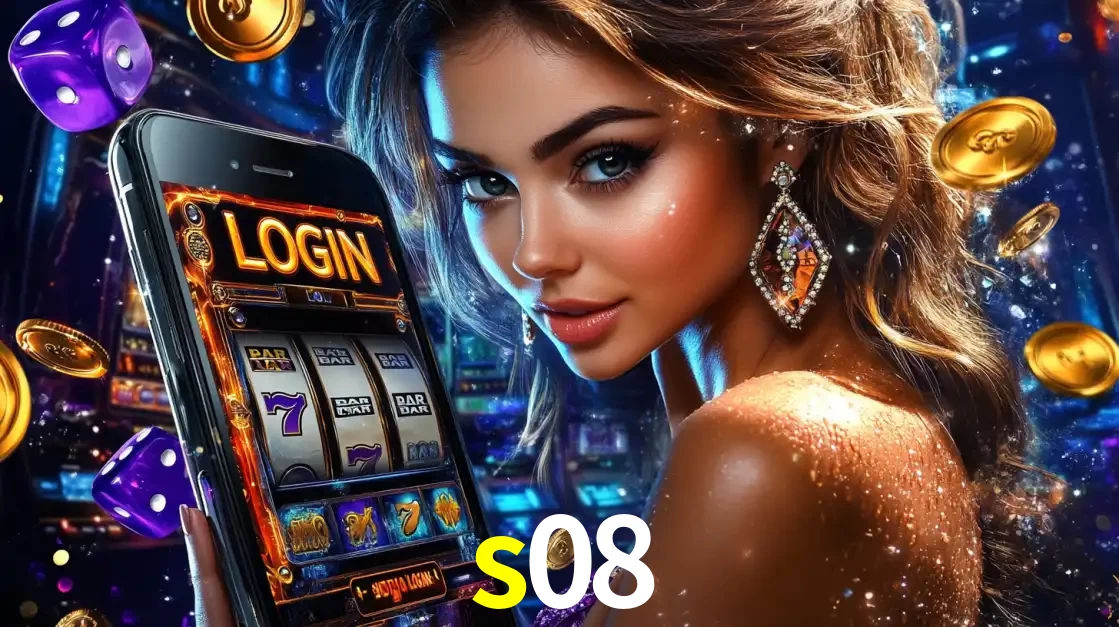 Mulher glamorosa segurando um smartphone com a tela de login para os jogos de caça-níqueis do cassino online s08, com moedas de ouro e dados ao redor.