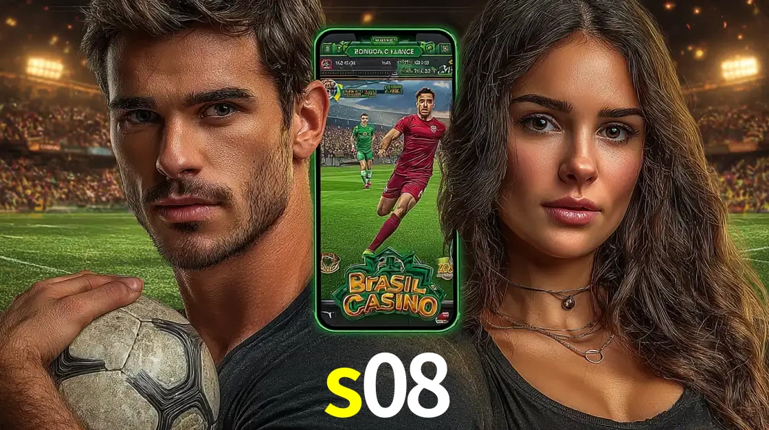 Homem segurando uma bola de futebol e uma mulher ao lado de um smartphone exibindo o jogo de apostas esportivas da s08. Faça seu palpite no cassino online.